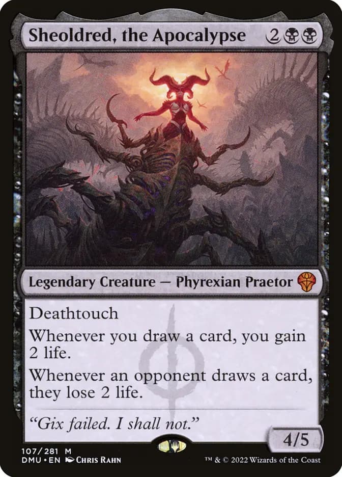 Sheoldred, the Apocalypse, the card being scanned