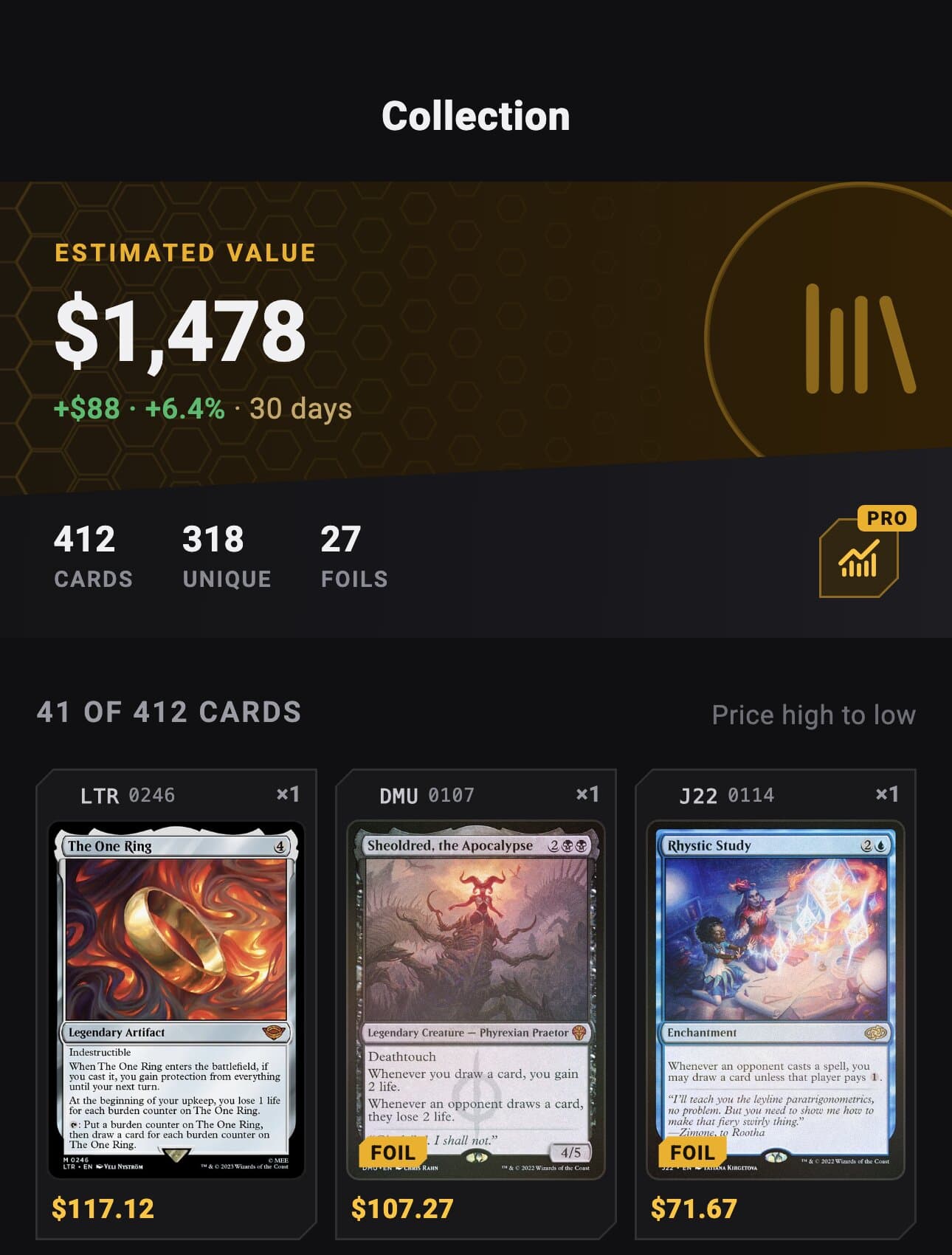 A collection, its estimated value and its most valuable cards