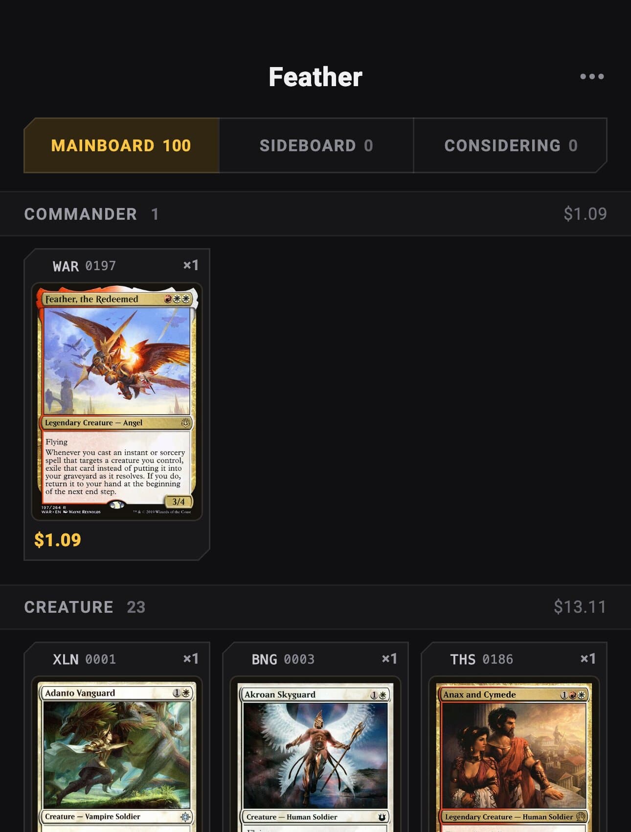A Commander deck's card list