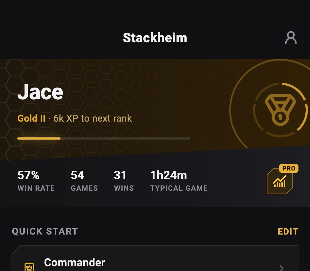 The Play tab: rank, win rate, games, wins and typical game length