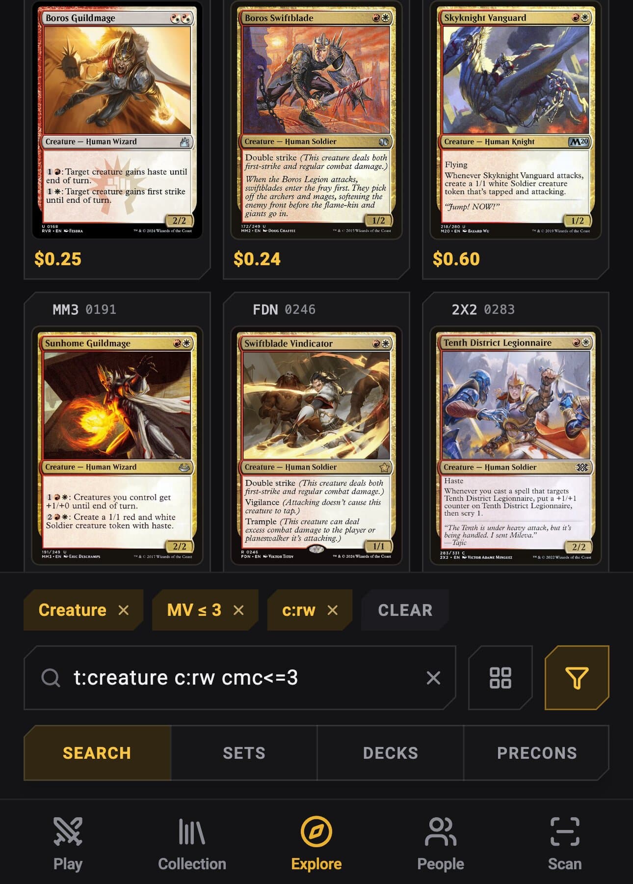 Card search with filters and a query in Scryfall syntax