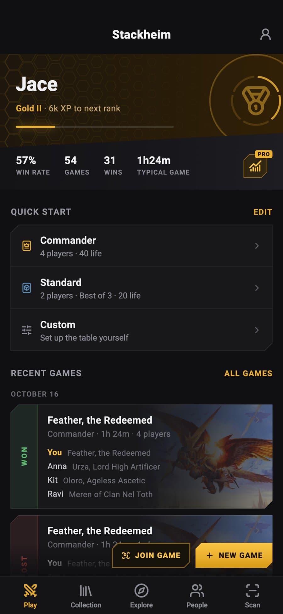 The Play tab: rank, quick start and recent games